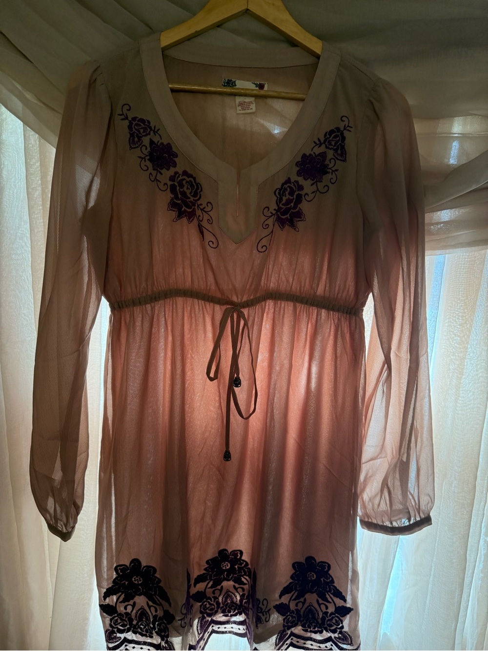 Flying Tomato Blush Pink Sheer Tunic with Purple Embroidery